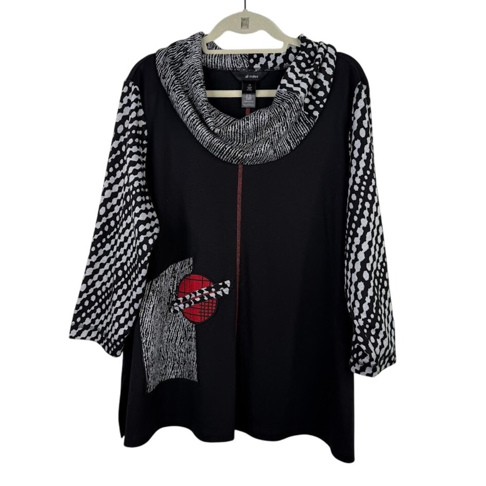 Ali Miles Art To Wear Cowl Neck‎ Tunic Top Black Lagenlook Patchwork Artsy 1X